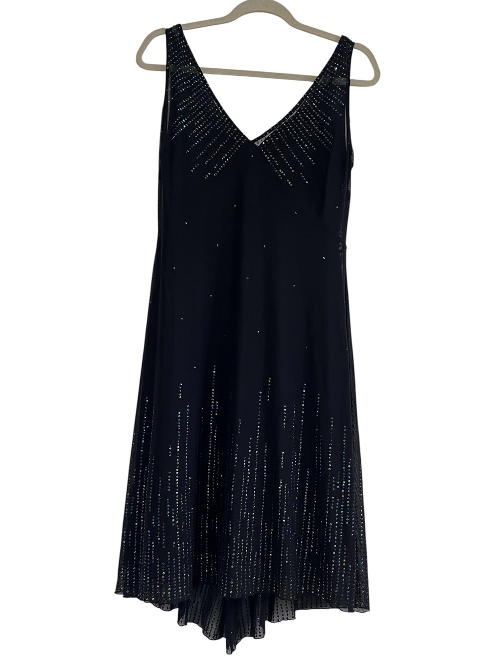 Y2K Amanda Smith Black Beaded Mesh Dress 6P Iridescent V-Neck Fairy Gatsby Chic